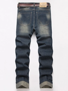 Men's retro slim-fit dark blue distressed jeans with leather belt and back pockets