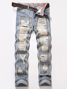 Men's Ripped Jeans Vintage Distressed Cotton Denim Pants Straight Loose Fit With Belt Patchwork Heavy Wash Streetwear