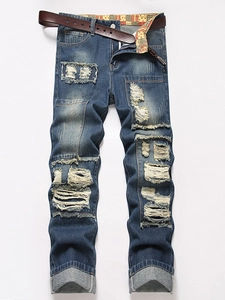 Distressed Men Jeans Vintage Ripped Straight Denim Pants With Belt Streetwear Blue Nostalgic Autumn Trousers For Men Fashion Cotton