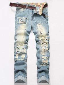 Men's Ripped Jeans Cotton Blend Denim Stretch Straight Fit Casual Daily Streetwear Distressed Light Blue Wash With Belt