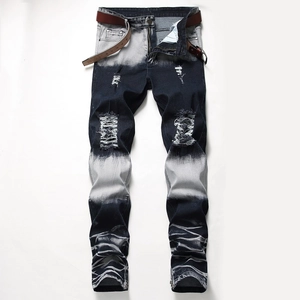 Jeans slim da uomo blu con dettagli strappati e chiusure a zip sul fondo della gamba