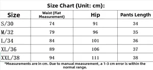 Detailed size chart for cotton shorts showing waist and hip measurements from S to XXL