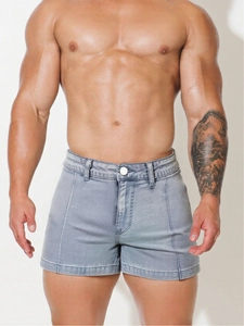 Short en jean bleu clair coupe ajustée pour hommes avec taille haute et coutures décoratives