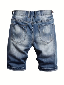 Men's light blue distressed denim shorts with back pocket fading and rolled hem details