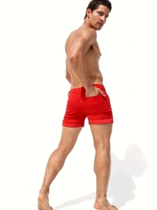 Slim fit red cotton casual shorts for men with trendy rolled cuffs and back pockets
