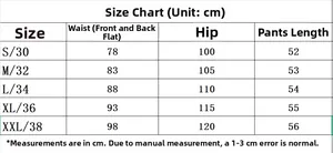 Detailed size chart for men's denim shorts showing waist, hip, and length measurements