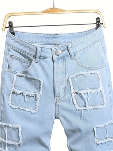 Men's light blue wide-leg denim shorts with distressed ripped patchwork street style