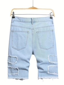 Men's light blue distressed denim shorts with ripped details and raw hem on white background