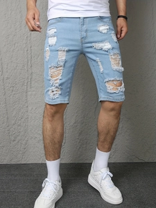 Men's light blue distressed denim shorts with ripped details and a casual slim fit