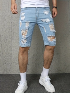 Slim fit light blue distressed denim shorts for men with ripped holes and washed finish