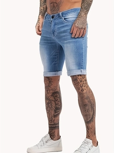 Slim fit men's light blue denim shorts with cuffed hems and classic five-pocket design