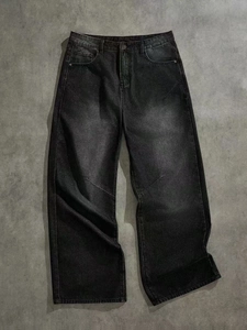 Retro washed dark grey wide-leg denim jeans with industrial vintage distress finish