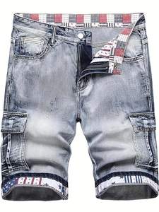 Light blue wash cargo denim shorts with Americana flag lining and distressed vintage details