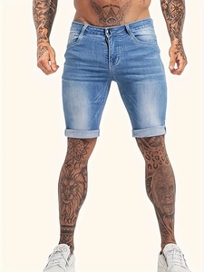 Men's light blue washed denim shorts with slim fit design and rolled cuffs style