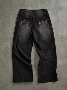 Vintage high street washed black wide-leg jeans featuring red cross back pocket embroidery
