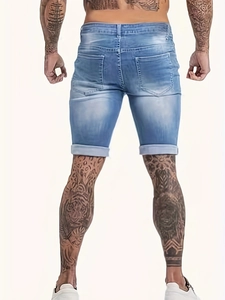 Men's slim fit stretch denim shorts in light blue wash featuring cuffed hems and back pockets