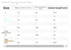 Detailed size chart for white biker shorts from S to XXL with precise measurements