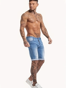Slim fit light blue denim shorts for men with folded hem and classic five-pocket design