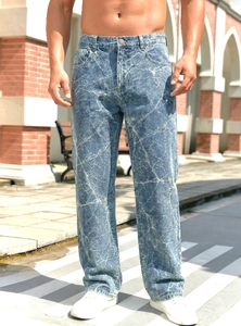 Men's loose straight-leg tie-dye acid wash denim jeans with vintage marble pattern