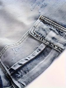 Mens fashion cargo denim shorts featuring acid wash texture and double stitching detail