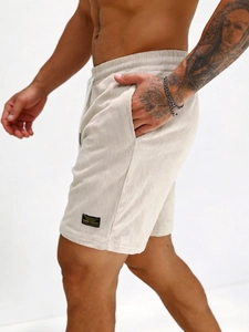 Casual men's beige corduroy summer shorts with adjustable drawstring and side pockets