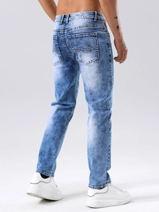 Jeans slim pour hommes en denim bleu clair délavé à l'acide avec broderie vague sur les poches dos