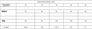 Detailed size chart for men's slim fit distressed jeans showing waist and hip measurements
