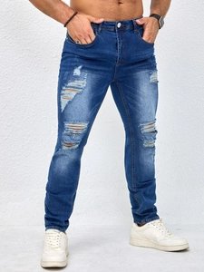 Men's slim fit distressed blue jeans with ripped details and vintage washed finish