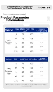 Size chart for men's corduroy shorts with detailed measurements and polyester material info
