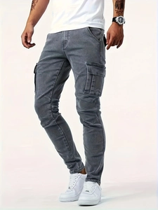 Men's slim-fit washed grey cargo jeans with multi-pocket design and 3D cut detailing