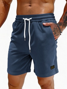 Navy blue ribbed corduroy men's casual shorts with elastic drawstring waist and side pockets