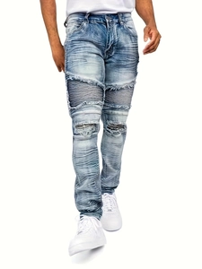 Men's light blue slim fit biker jeans with distressed ripped knees and pleated details