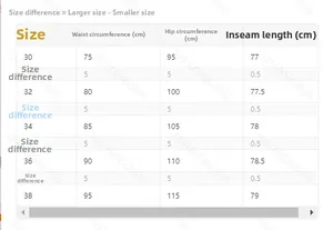 Detailed size guide for men's stretch cargo denim pants including waist and hip measurements