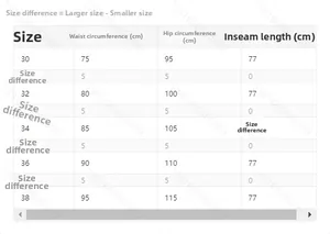 Detailed size chart for men's distressed jeans including waist, hip and inseam measurements