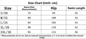 Size chart for men's slim fit stretch denim shorts with waist and hip measurements