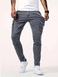 Men Slim Fit Cargo Jeans Stretchy Cotton Blend Multi Pocket Washed Denim Pants For Casual Daily Wear Grey Urban Fashion