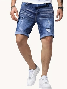 Slim fit distressed blue denim shorts with ripped details and cuffed hem for men