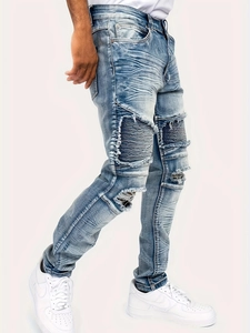 Slim fit light blue ripped denim jeans for men with ribbed biker knee paneling details