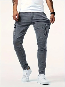 Men's slim fit grey washed denim cargo pants with large side pockets and stitching