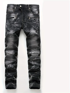 Jean moto coupe slim pour homme en gris foncé avec empiècements plissés aux genoux
