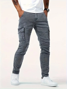 Slim fit men's cargo denim pants in washed grey with side flap pockets and stitching details