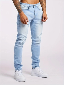 Slim fit light blue washed jeans for men with classic five-pocket design and stretch denim