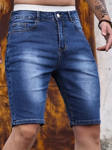 Men's slim fit blue denim shorts with distressed wash and classic five-pocket design