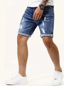 Slim fit distressed blue denim shorts for men with ripped details and folded hems
