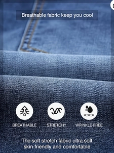 Men's slim fit stretch denim shorts featuring breathable and wrinkle-free blue fabric