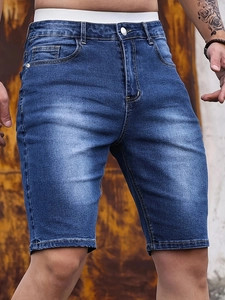 Men's slim fit stretch denim shorts in dark blue with distressed wash and classic pockets