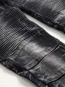 Jean biker gris foncé délavé avec empiècements nervurés et coutures jaunes contrastées