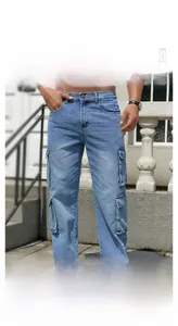 Detail of blue cargo jeans showing 3D tactical cut and durable denim fabric texture
