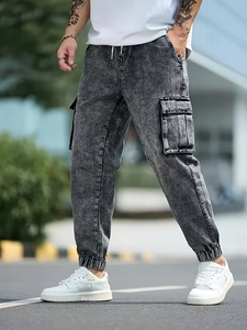 Men's loose cargo denim pants in acid wash grey with drawstring waist and flap pockets