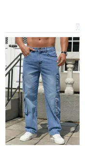Detailed view of cargo pockets and washed texture on men's loose blue jeans